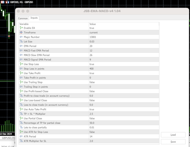 EA Robot Settings within the MetaTrader 5 platform